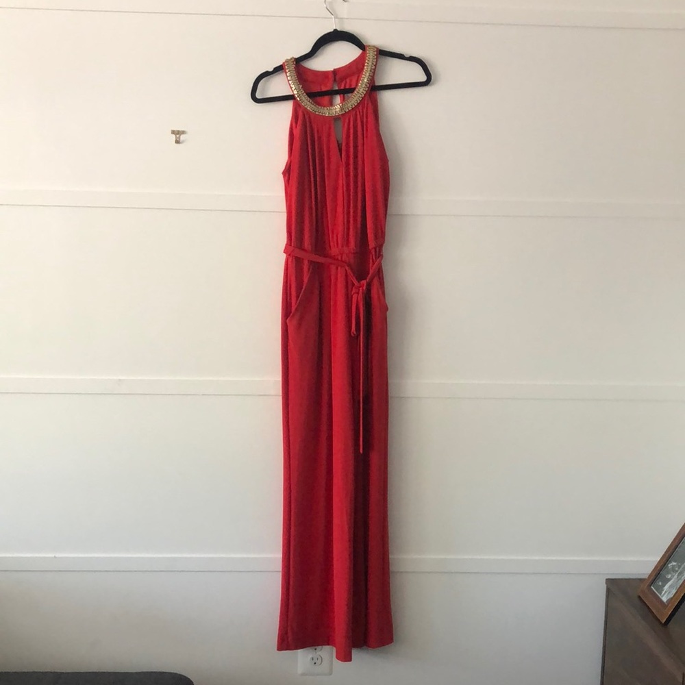 Red jumpsuit with gold bead detailing - size small